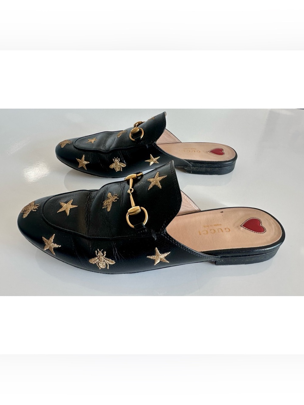 Gucci Black Leather Horsebit Mules with Gold Bee & Star Embroidery
